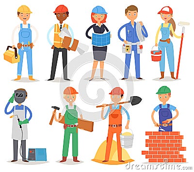 Builder vector constructor people character building construction for newbuild illustration set of worker or contractor Vector Illustration