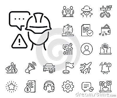 Builder warning line icon. Construction inspection sign. Salaryman, gender equality and alert bell. Vector Stock Photo