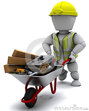 Builder with a wheel barrow carrying tools Stock Photo