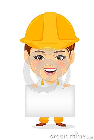 Builder woman. Funny female worker with big head holding blank sign or banner. Vector Illustration