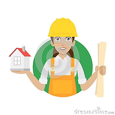 Builder woman keeps house and plan Vector Illustration
