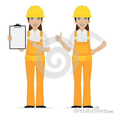Builder woman showing thumbs up Vector Illustration