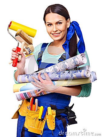 Builder woman with wallpaper. Stock Photo