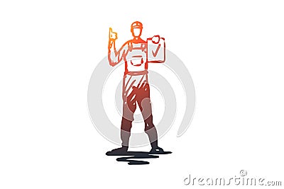 Builder, worker, helmet, repair, engineer concept. Hand drawn isolated vector. Vector Illustration