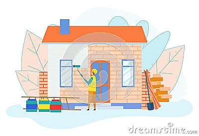Builder Worker Painting Single Storey House Wall Vector Illustration