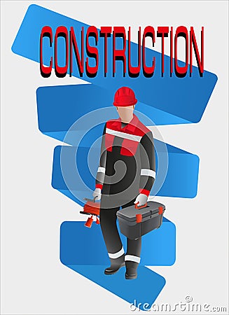 Builder worker with tools. Vector Illustration