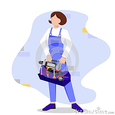 Builder worker woman with a tool box in her hands. Builders and engineers background Vector Illustration
