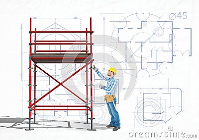 builder working in a 3D scaffolding Stock Photo