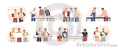 Builders and architects flat vector illustrations set. Architectural project planning, development and approval Vector Illustration