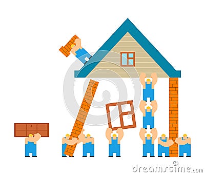 Builders building house. cartoon style. Workers and home. Walling and roof construction. Fastening Windows and doors Vector Illustration