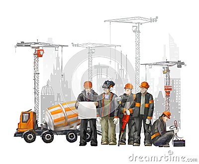 Builders on the building site. Industrial illustration with workers, cranes and concrete mixer machine Cartoon Illustration