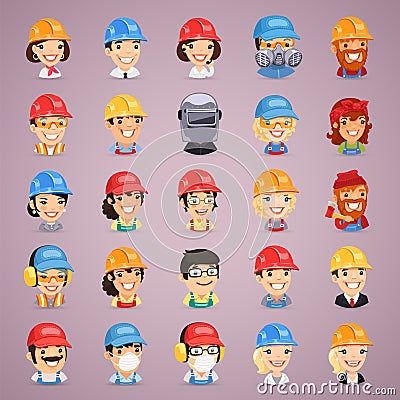 Builders Cartoon Characters Icons Set Vector Illustration