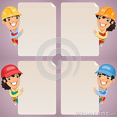 Builders Cartoon Characters Looking at Blank Poster Set Vector Illustration