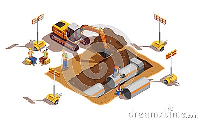 Laying Of Pipes Isometric Composition Vector Illustration