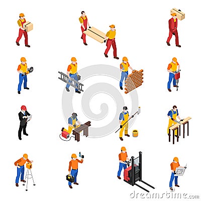 Builders Construction Workers Isometric Icons Collection Vector Illustration