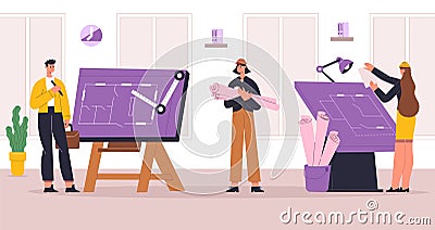 Builders, engineers, architects professional construction workers. People working in team, drawing plan of house Vector Illustration