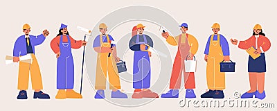 Builders, engineers and workers in helmets Vector Illustration