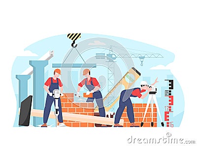 Builders male team in uniform, hard hats, vector cartoon characters employees constructing brick dwelling together Vector Illustration