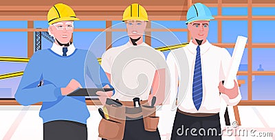 Builders team at construction site engineers in helmets discussing during meeting repair service concept Vector Illustration