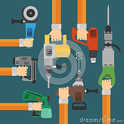 Builders Tools flat Modern background with hand Vector Illustration