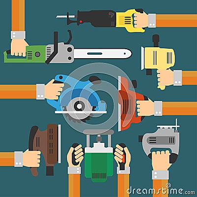 Builders Tools Modern flat background with hand Vector Illustration