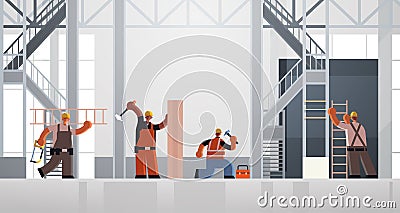 Builders using hammer and ladder busy workmen carpenters team in uniform working together building concept construction Vector Illustration