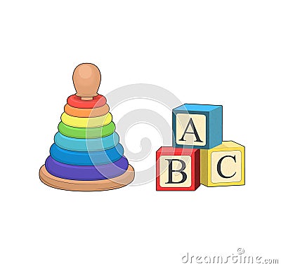 Building ABC block. Cartoon vector illustration. Baby toy pyramid, Playing wooden alphabet cube. logic game. Kid play developement Cartoon Illustration