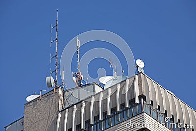 Different types of communication antennas Stock Photo