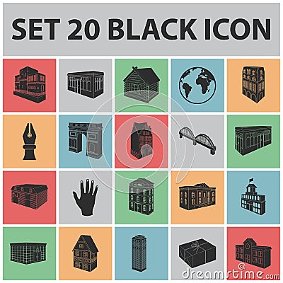 Building and architecture black icons in set collection for design.The building and dwelling vector isometric symbol Vector Illustration