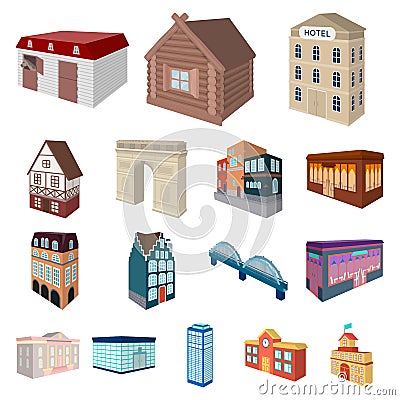 Building and architecture cartoon icons in set collection for design.The building and dwelling vector isometric symbol Vector Illustration