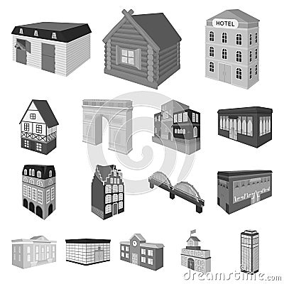 Building and architecture monochrome icons in set collection for design.The building and dwelling vector isometric Vector Illustration