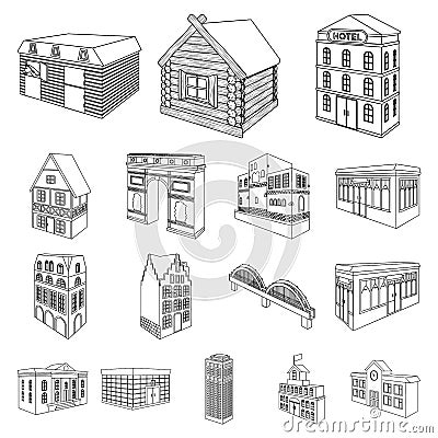 Building and architecture outline icons in set collection for design.The building and dwelling vector isometric symbol Vector Illustration