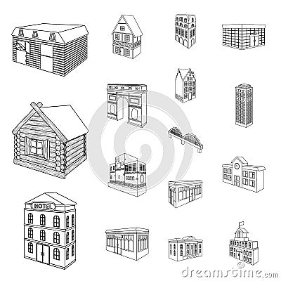 Building and architecture outline icons in set collection for design.The building and dwelling vector isometric symbol Vector Illustration