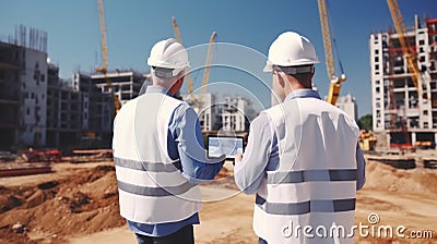 building, architecture, teamwork and people concept - group of builders in hardhats with tablet pc computer at construction site Cartoon Illustration