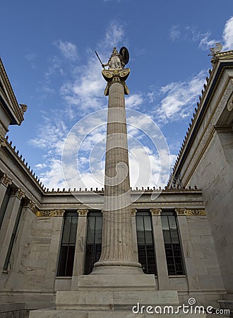 The building of the Athens Academy a marble column with a sculptures of Apollo and Athena, Socrates and Plato against a with Stock Photo
