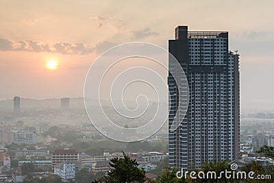 Building with beautiful skyscrape during sunrise at Pattaya city, Thailand Stock Photo