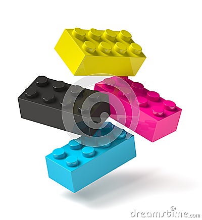 Building blocks of four printing process colors flying 3D Stock Photo