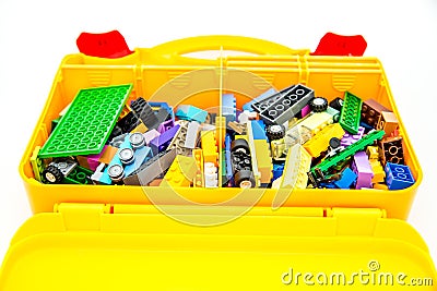 Lego building blocks set starter in a plastic luggage Editorial Stock Photo