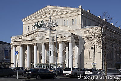 The building of the Bolshoi Theater with the famous team of horses on the facade against the background of the spring blue sky Editorial Stock Photo