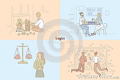Building a brick tower with child, couple playing tabletop game of chess, logical thinking vs emotions, analyzing chart Vector Illustration