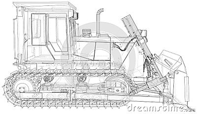 Building bulldozer illustration vector. Wire-frame line isolated. Vector rendering of 3d Vector Illustration