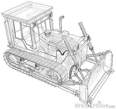 Building bulldozer Isolated. 3D rendering. Wire-frame. The layers of visible and invisible lines are separated. EPS10 Vector Illustration