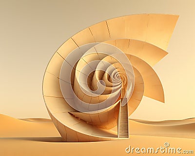 building called Golden Ratio and spiral is in the desert. Cartoon Illustration