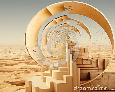 building called Golden Ratio and spiral is in the desert. Cartoon Illustration