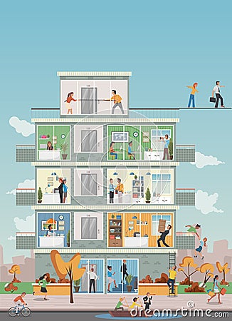 Building with cartoon business people working in office workspace Vector Illustration