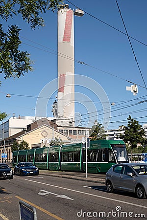 Building and chimney of the Biomass Fluidised Bed Incineration Plant IWB Basel Stock Photo