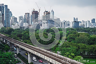 Building in the city with Electric Railway Train in Bangkok Thai Editorial Stock Photo