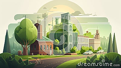 Building and City Illustration, City scene, Town and Nature green field landscape Stock Photo
