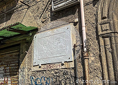 Building with a commemorative plaque about the stay of Giuseppe Moscati, physician, Italian scientist, saint of the Catholic Editorial Stock Photo