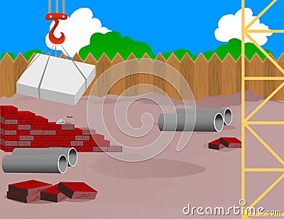 building construction with jenny. construction cranes and construction pipes illustration Cartoon Illustration